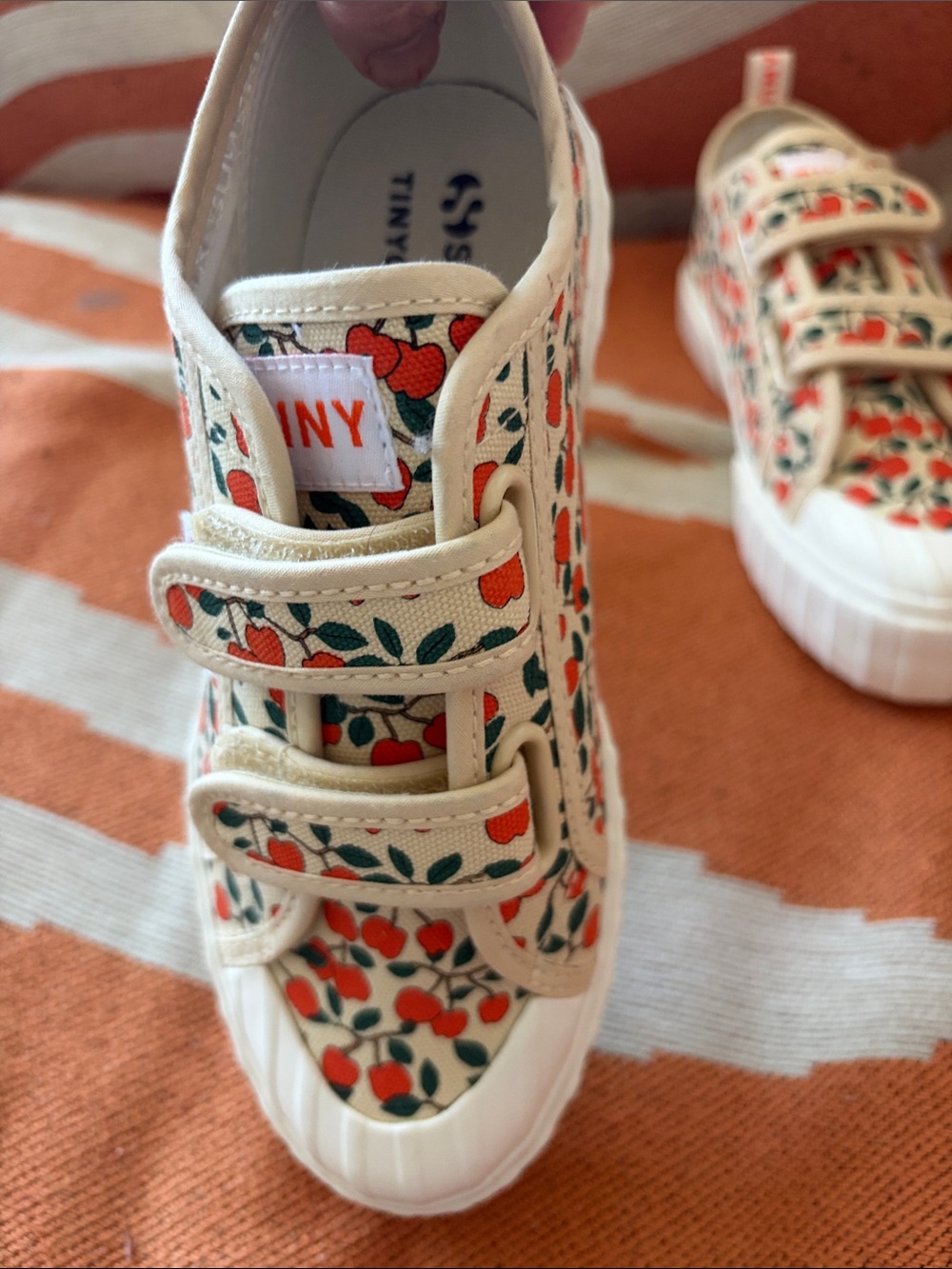 Tinycottons and Superga cream/cherry canvas Velcro sneakers - Picture 9 of 12